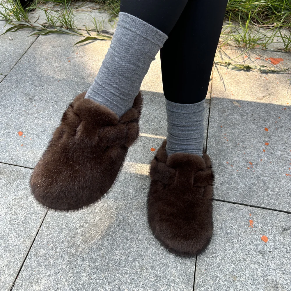 Cute Faux Mink Fur Women Slippers Winter Indoor Warm Soft Sole Breathable Comfort Anti-slip Bedroom Causal Flat Cotton Shoes