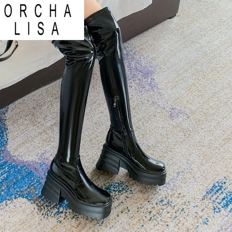 

ORCHA LISA, женские высокие сапоги до бедра из лакированной кожи, на массивном каблуке 9 см, на платформе, размер 41, 42, 43, пикантные вечерние ботильоны