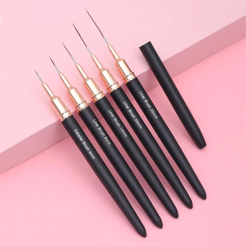 Black Nail Art Liner Brushes 5Sizes Painting Nail Design Pen /8/12/20/25mm Drawing Tool for Long Lines Thin Details Manicure Pen