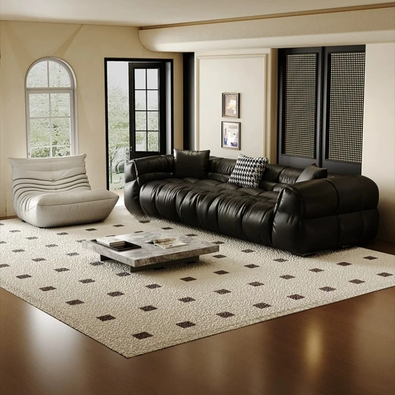 Italian Minimalist Cloud Lounge Furnish Black Channel Tufted Rest sofa Modern Retro Family Living Room Top Grain Leather sofa