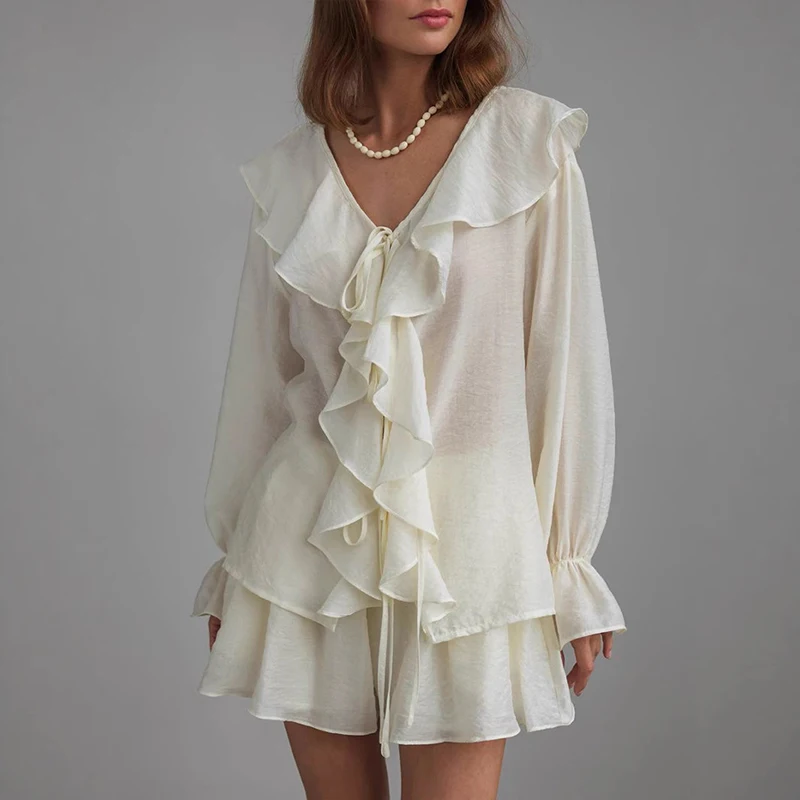 Tornova Ruffled Shirt Shorts Suit For Women Lace Up V neck Casual Top Loose Shorts High Waist Fashion Office Lady Party Clothes