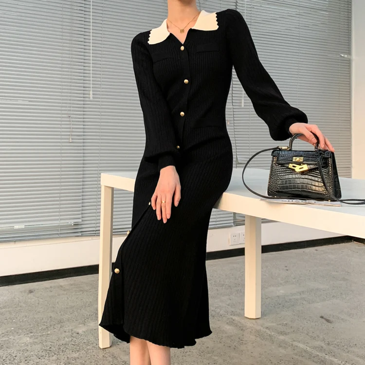 

Lantern Sleeve Button Knitted Bodycon Midi Dress Turn-down Collar Black Elegant Vintage Long Sweater Vestidos Party Korean Jurk