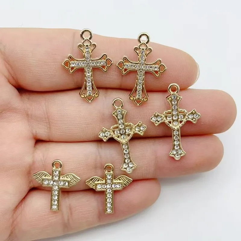 10 pendentifs croix en alliage doré sertis de diamants, ailes d'amour, croix en diamant d'eau, pour bracelet et collier DIY, bijoux