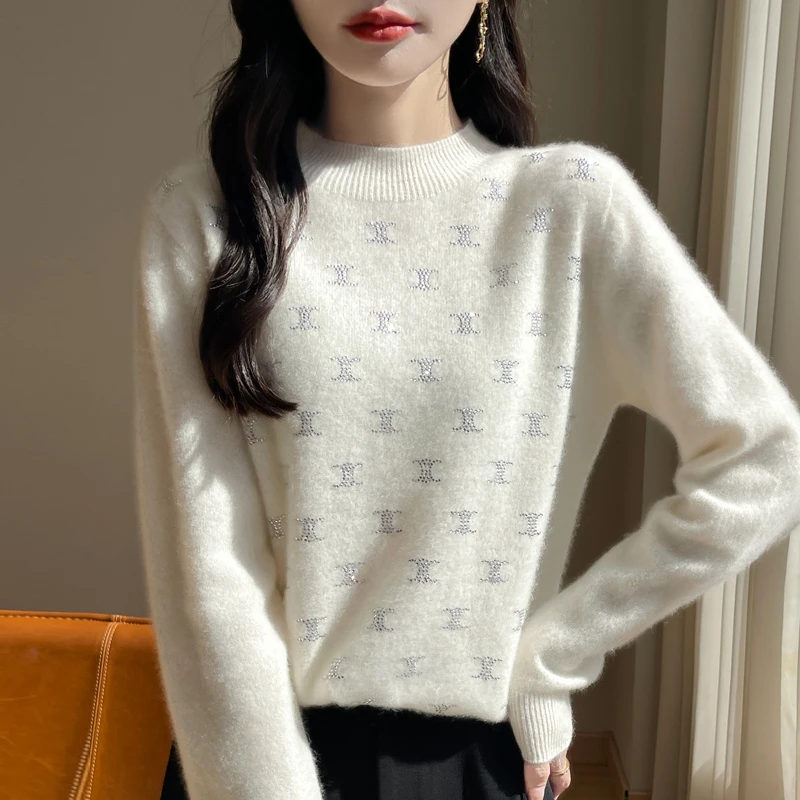 Autumn and winter new 100% pure wool double C rhinestones women's semi-turtle neck loose casual knit bottoming shirt.