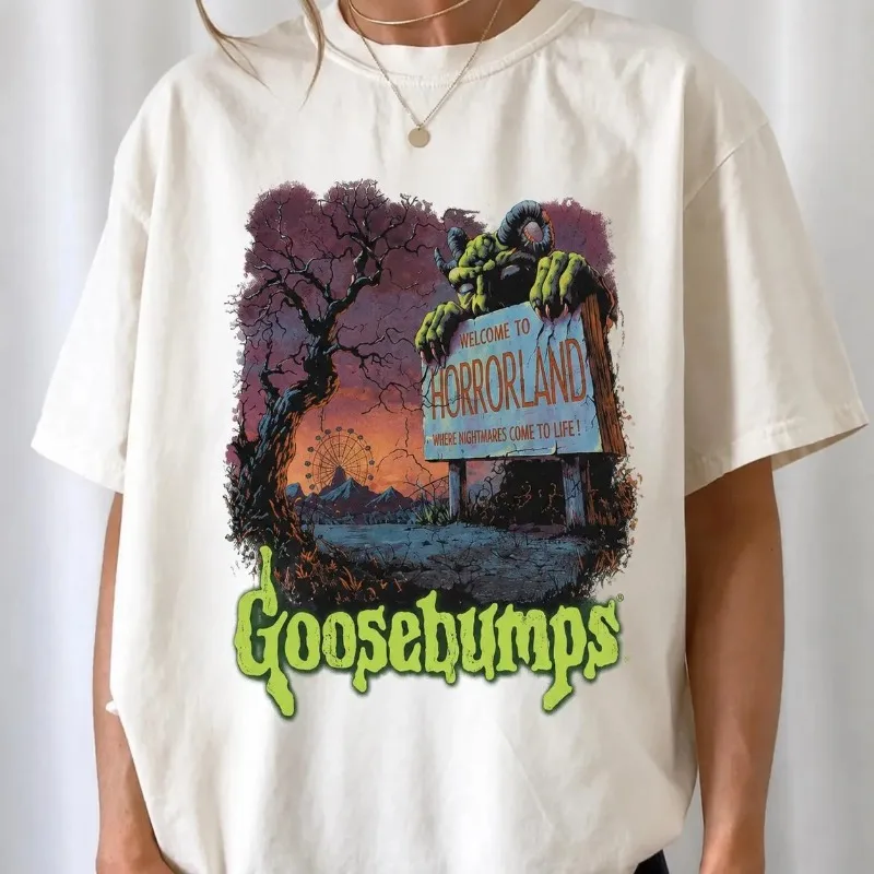 Halloween Goosebumps Themed T-shirt, Retro Haunted House Themed T-shirt Suitable for All Seasons, Unisex Retro T-shirt