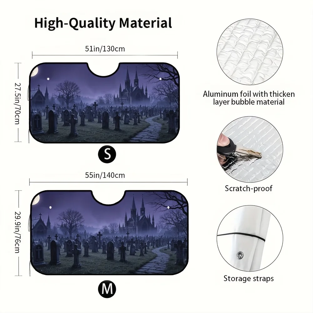 1pc, Halloween Themed Car Sunshade With Foldable Design And Graveyard Spooky Night Cemetery Moonlight Elements, Fits Most Windsh