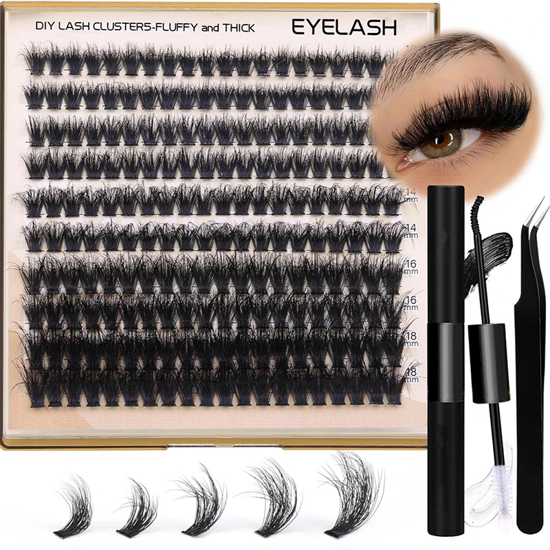 Fluffy Thick Lash Clusters DIY Eyelash Extension 10-18mm D Curl Lash Clusters 200D Wispy Individual Eyelash Extensions Clusters