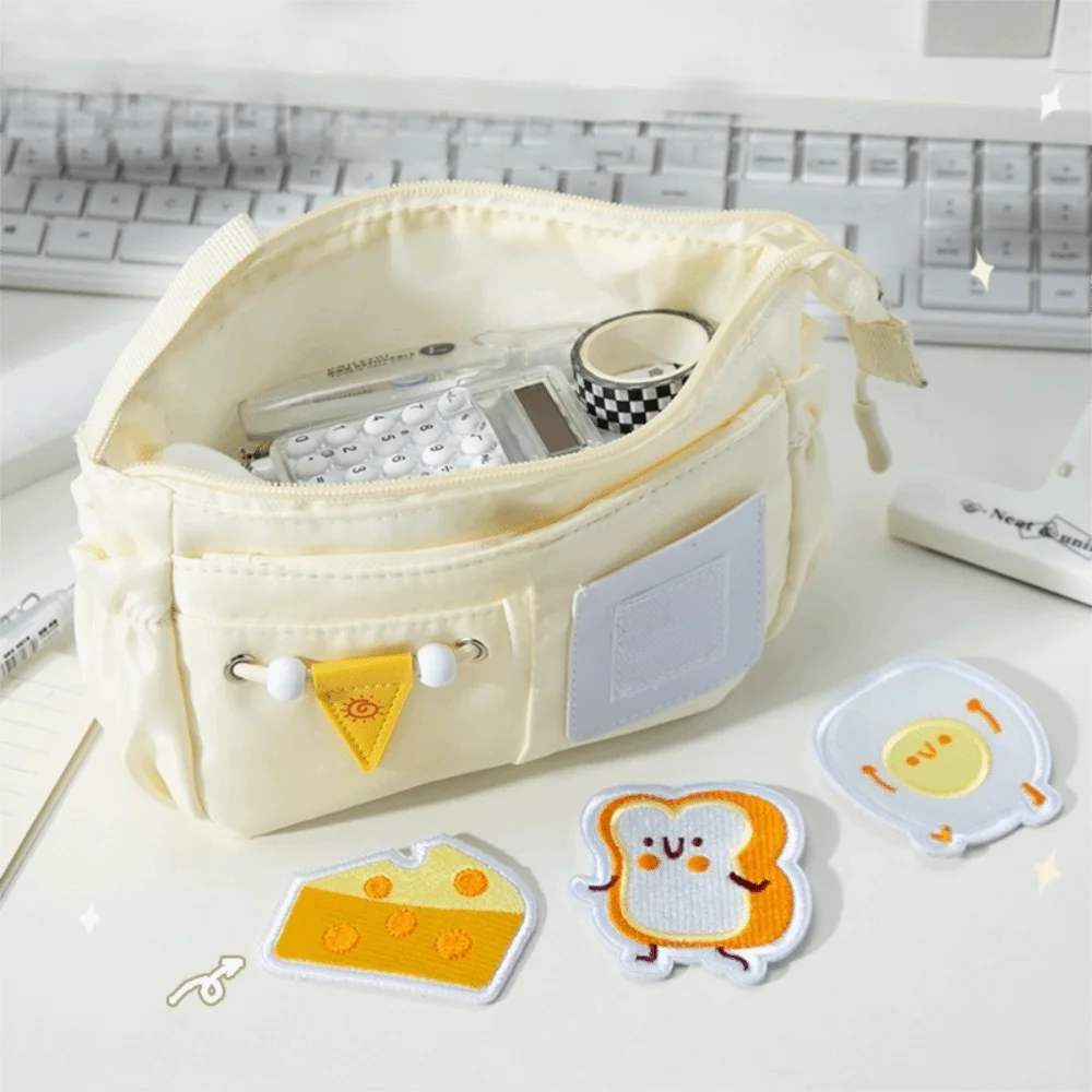 DIY Large Capacity Pencil Box Aesthetic Zipper Embroidered Patch Pencil Case Organizer Cartoon Stationery Storage Bag Student