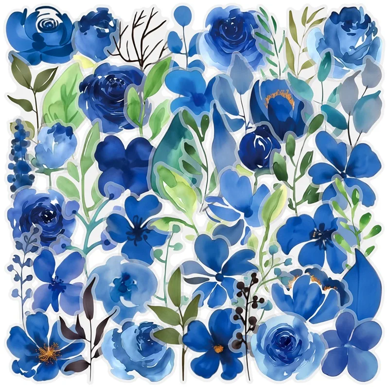 50PCS Blue watercolor flowers PET Sticker Aesthetic Colored Decoration Scrapbooking DIY Stationery Supplies