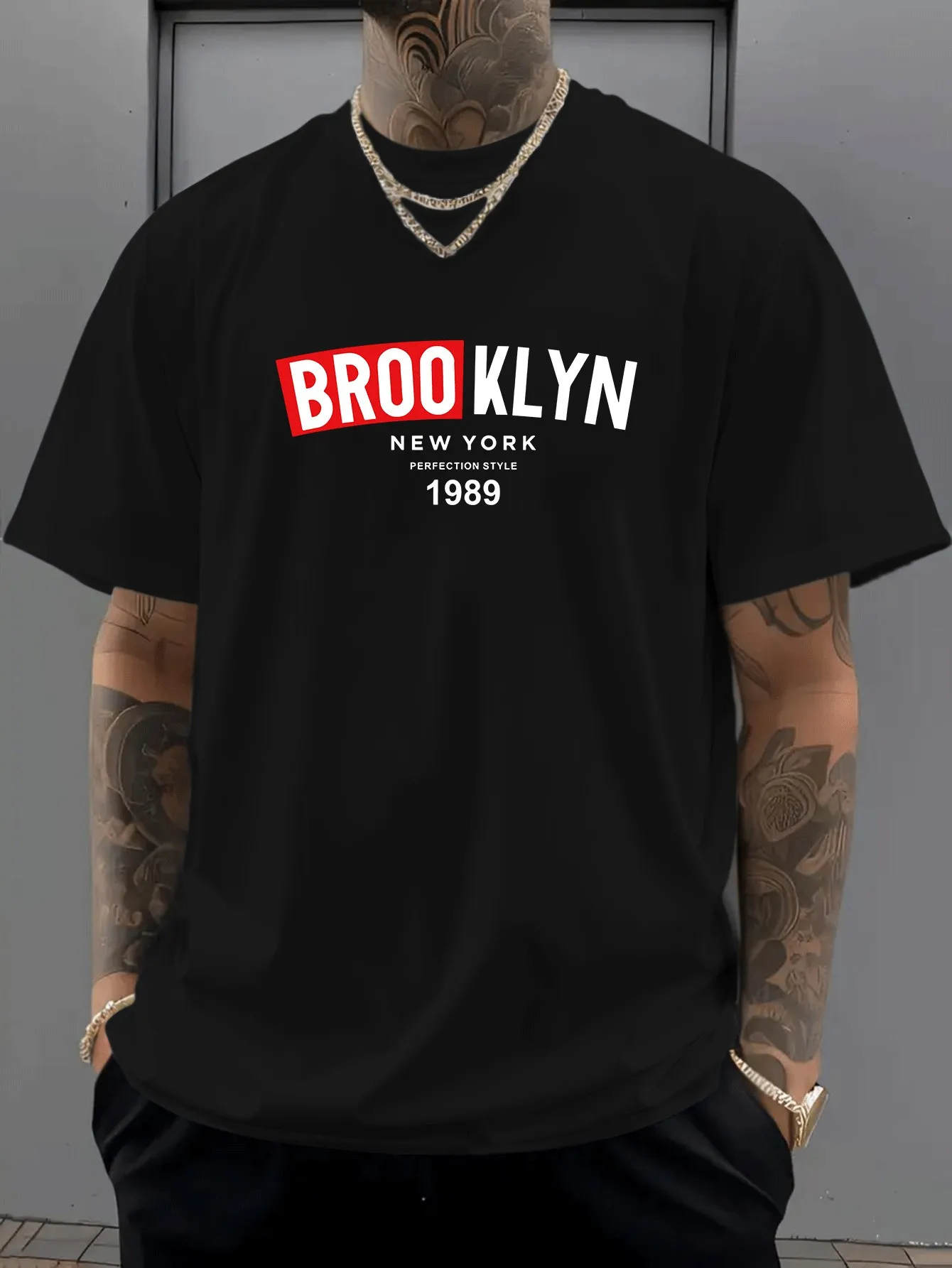 Streetwear Men's Black Graphic T-Shirt Brooklyn New York 1989 Bold Letter Print Urban City Typography 100% Cotton Heavyweight Short Sleeve Casual Streetwear Tee