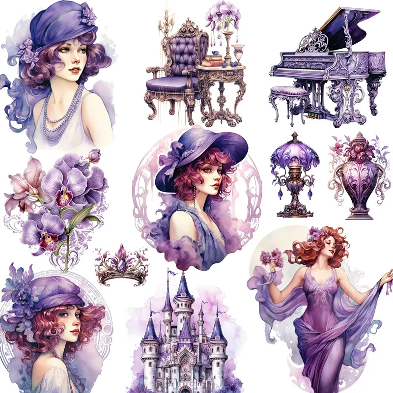 12Pcs/Pack Purple Retro Girl Sticker DIY Craft Scrapbooking Album Junk Journal Decorative Stickers