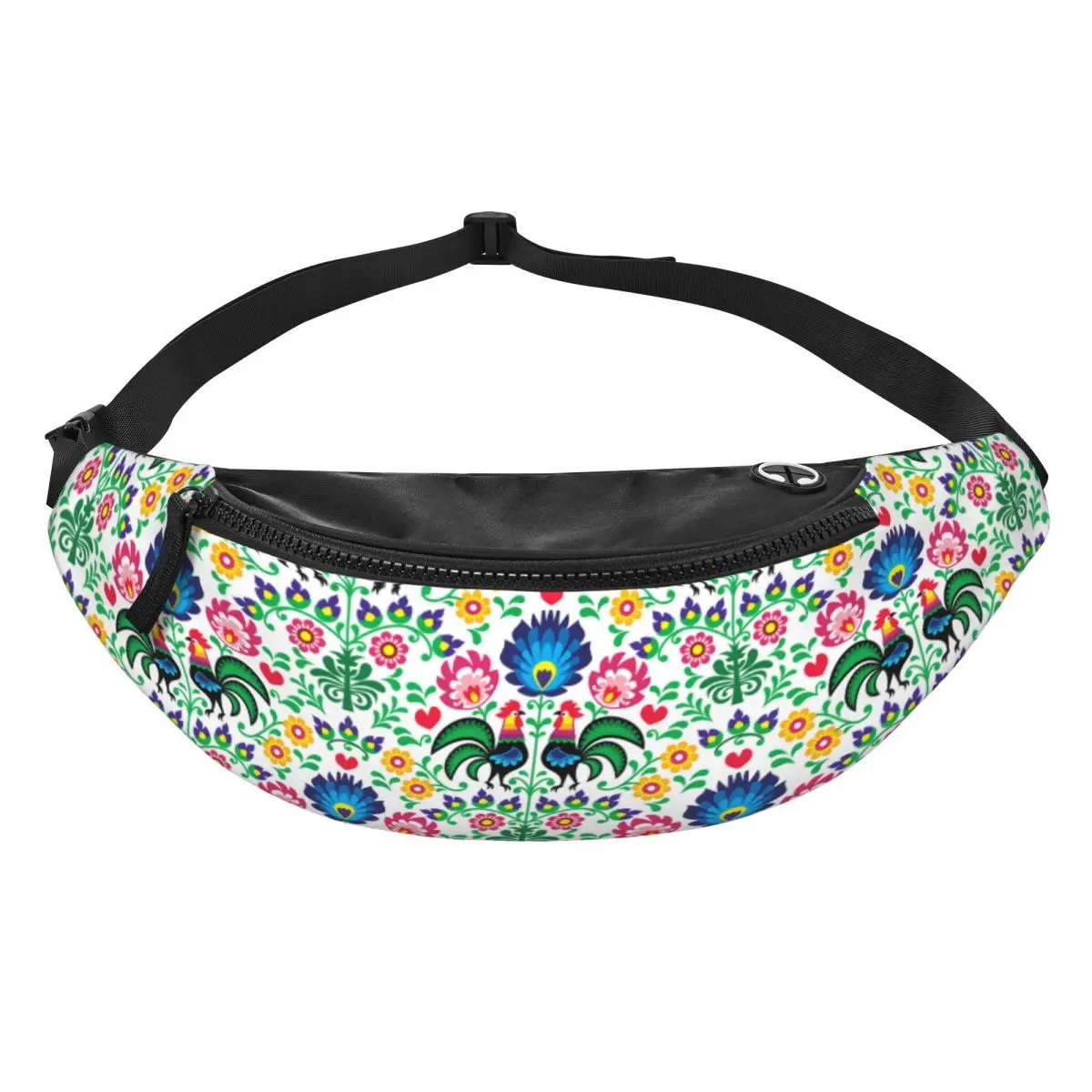 Custom Mexican Flowers Floral Polish Roosters Pattern Fanny Pack for Men Women Crossbody Waist Bag Hiking Phone Money Pouch
