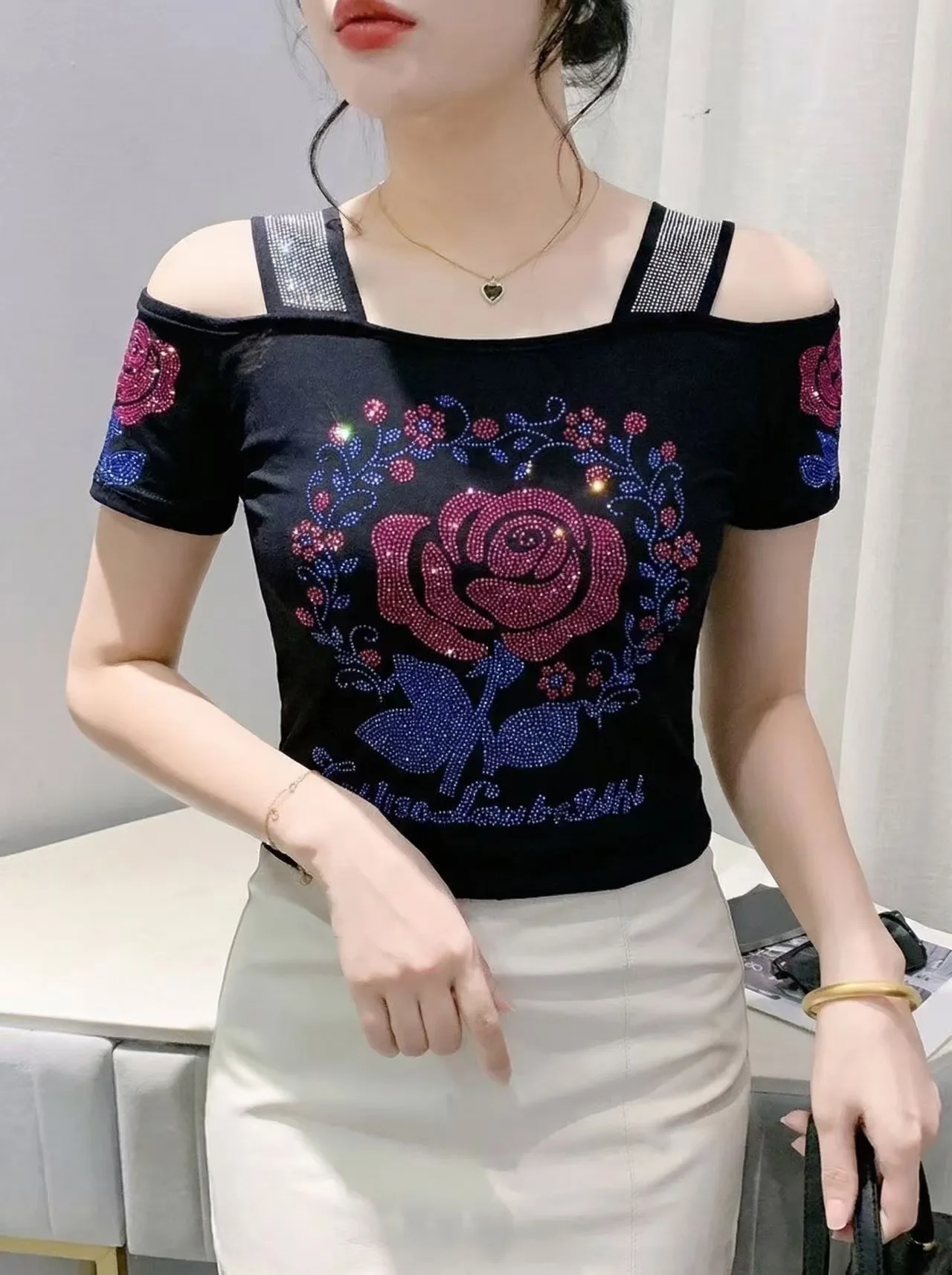 New Designer Hot Diamond Mesh T-Shirt Women Korean Style Sexy Off Shoulder Slim Tee Summer Casual Streetwear Tops