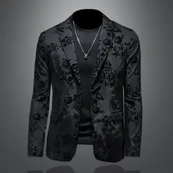 High Quality Black Suit Design For Leather Men Blazer Autumn Jacquard Trend Flocking Large Casual Coat Mens Jacket Lined Korean