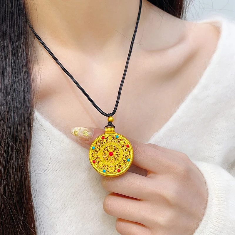 Luxury 100% Real 24K Gold Enamel Hollow Eight Treasures Compass Pendant Necklace For Women