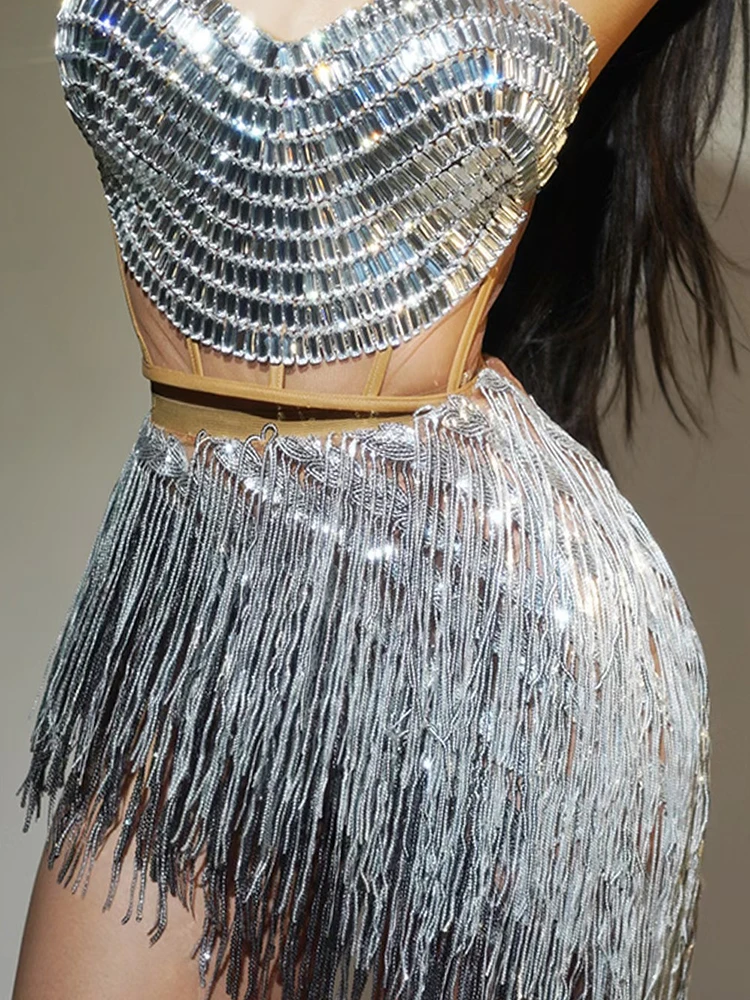 Sexy Women Dress Silver Fringe Rhinestone Performance Outfit Birthday Party Rave Outfit Gogo Show Stage Dance Costume VDL3937