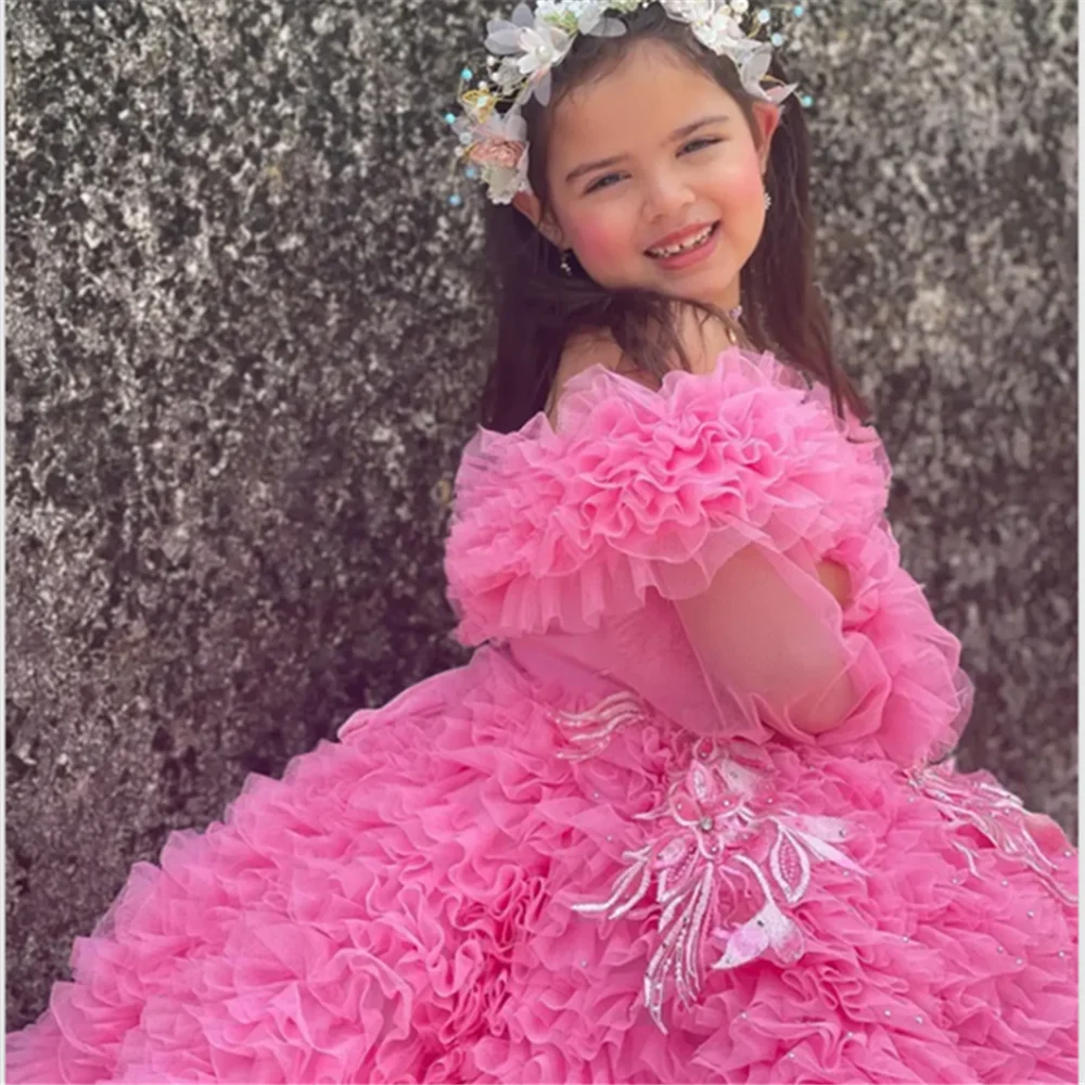 Luxury Pink Flower Girl Dress Wedding Party Appliqued Extra Puffy Princess Holy First Communion Dress Long Sleeves