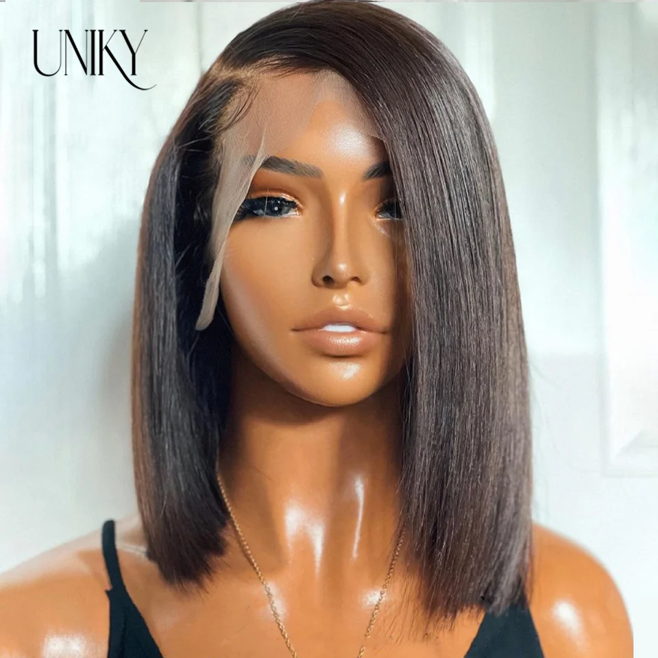 Brazilian Straight Human Hair Wigs 180 Density Transparent T Part Lace Remy Human Hair Frontal Wigs For Women PrePlucked Natural