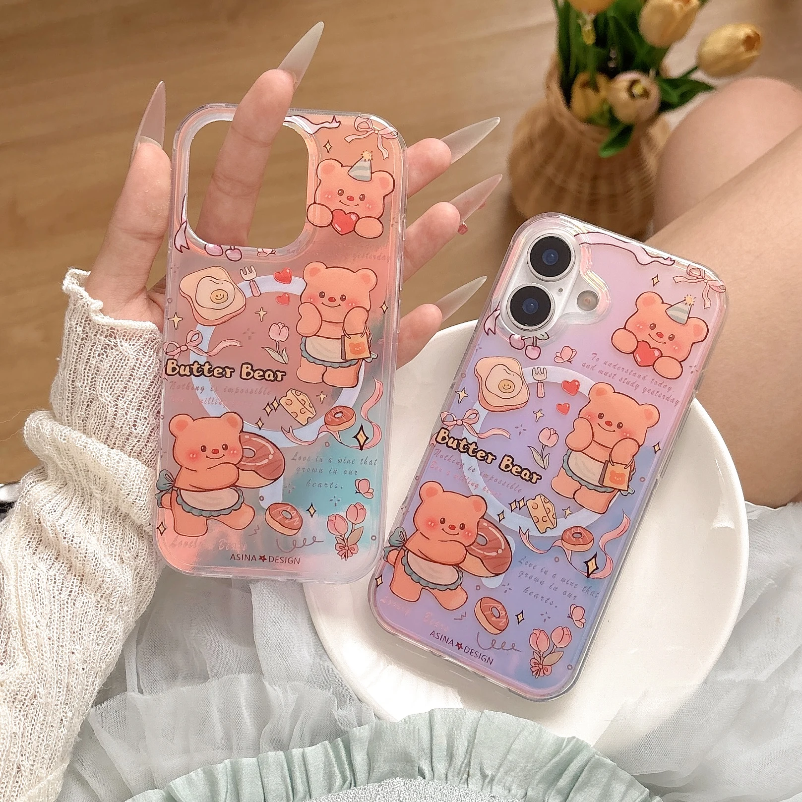 

Latest Warm Summer Style For Butter Bear Cute Shell Bracket Sandblasted Version For iPhone16 11 12 13 14 15 Pro Max Anti Drop