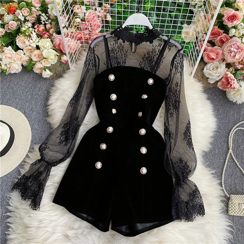 

Женский модный комплект из двух предметов: бархатный боди с вышивкой и кружевом, а также длинные брюки с высокой талией для офиса/повседневной носки, зимний вариант.