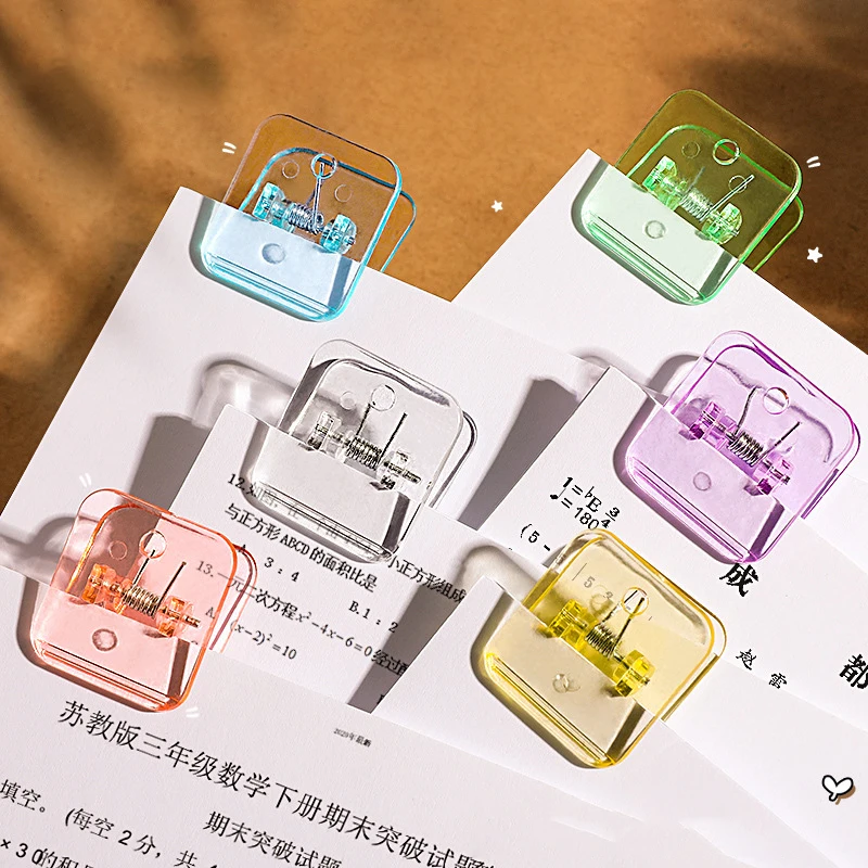 5pcs Kawaii Square Paper Clips Transparent File Documents Binder Clips Index Page Holder Tickets Clamps Planner Bookmarks Office