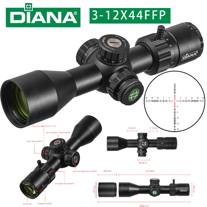 

DIANA HD ED-MOA 3-12X44 SFIR FFP First Focal Plane Tactical Riflescope R&G Illuminated Reticle Optics Sight