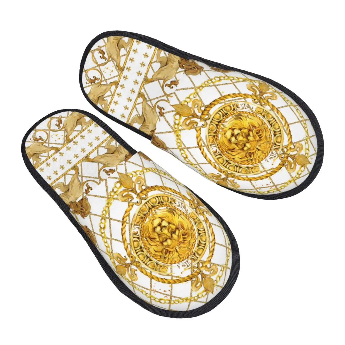 Custom luxo dourado leão europeu floral memória espuma chinelos para mulheres, aconchegante casa quente chinelos