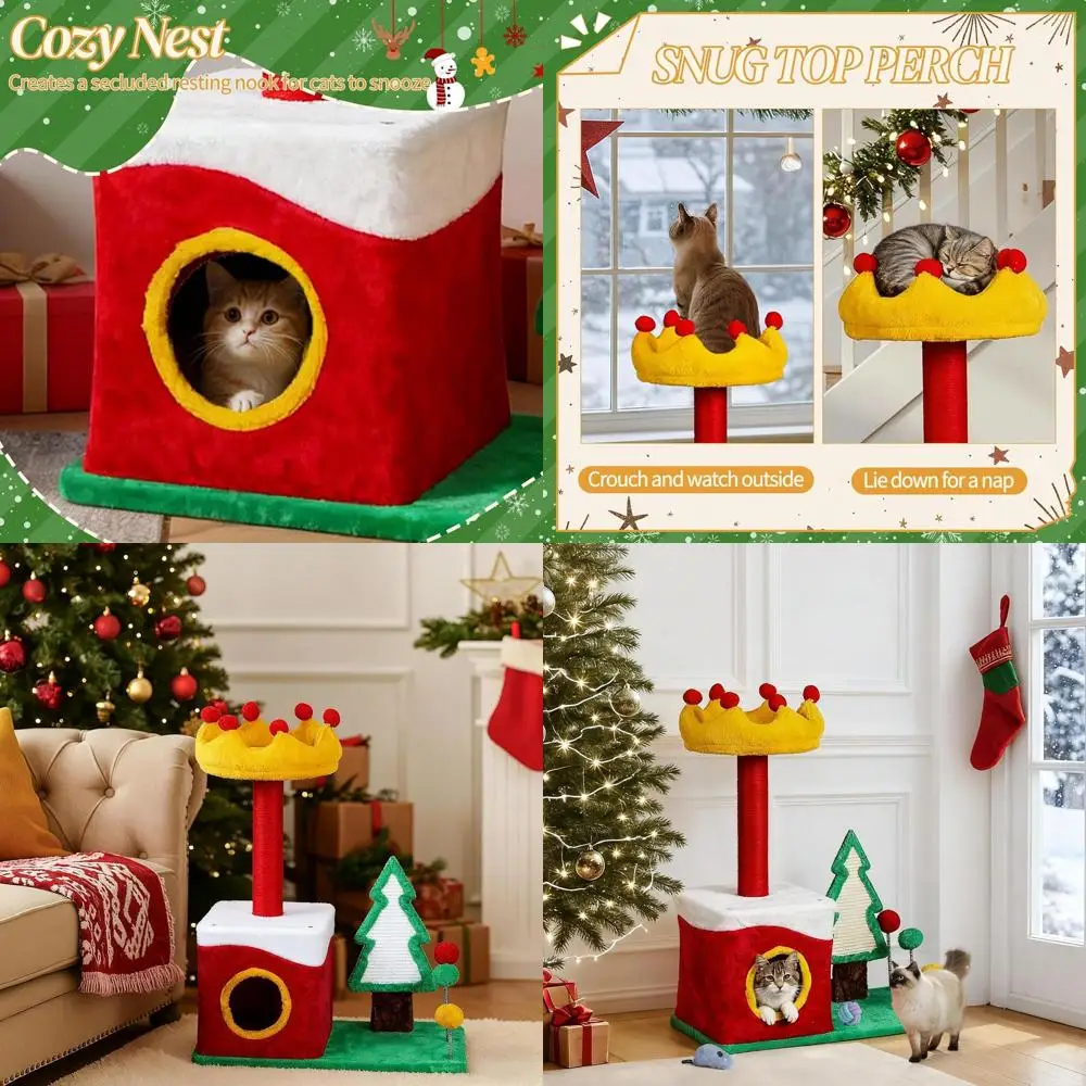 

Многоуровневая новогодняя тематическая лежанка-когтеточка для кошек с домиком, платформой-короной и сизалевыми столбиками для котят и взрослых кошек, для использования в помещении