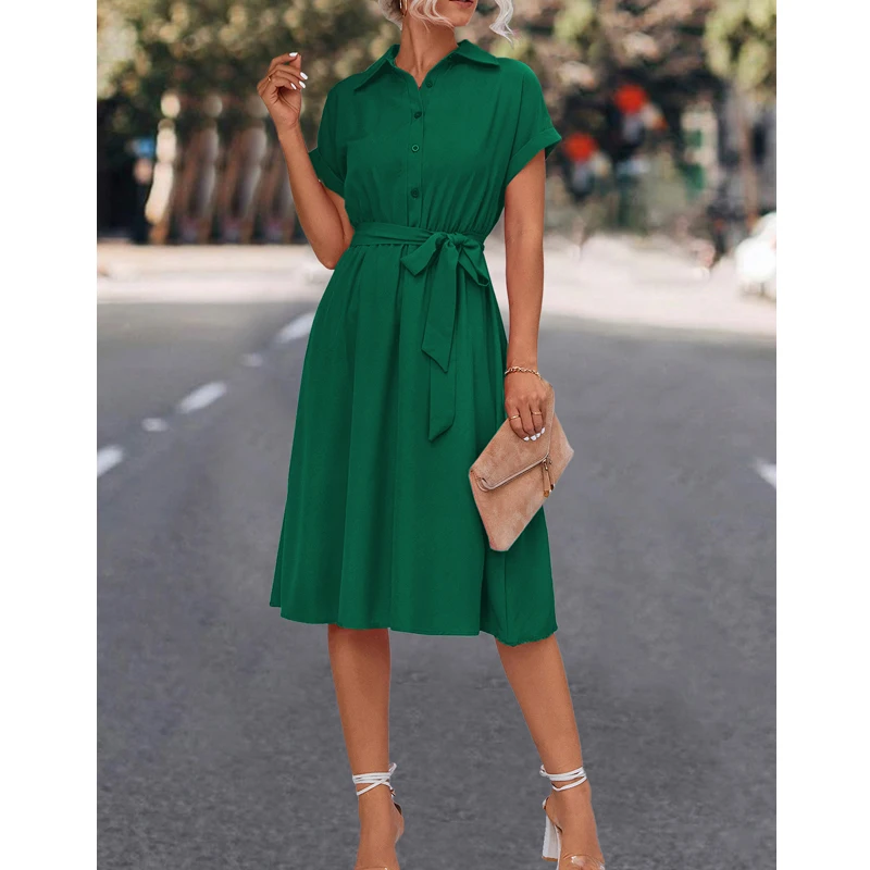 Women's Vintage Fashion Elegant Lace Up Button Shirt Midi Dress Summer Solid Short Sleeve Slim Party Dresses High Waist Vestidos