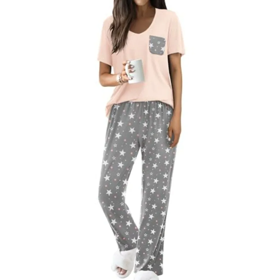 

Ekouaer Pajama Sets for Women Short Sleeve Pj Set V Neck Sleepwear Chest Pocket with Long Pants Casual Loose Loungewear