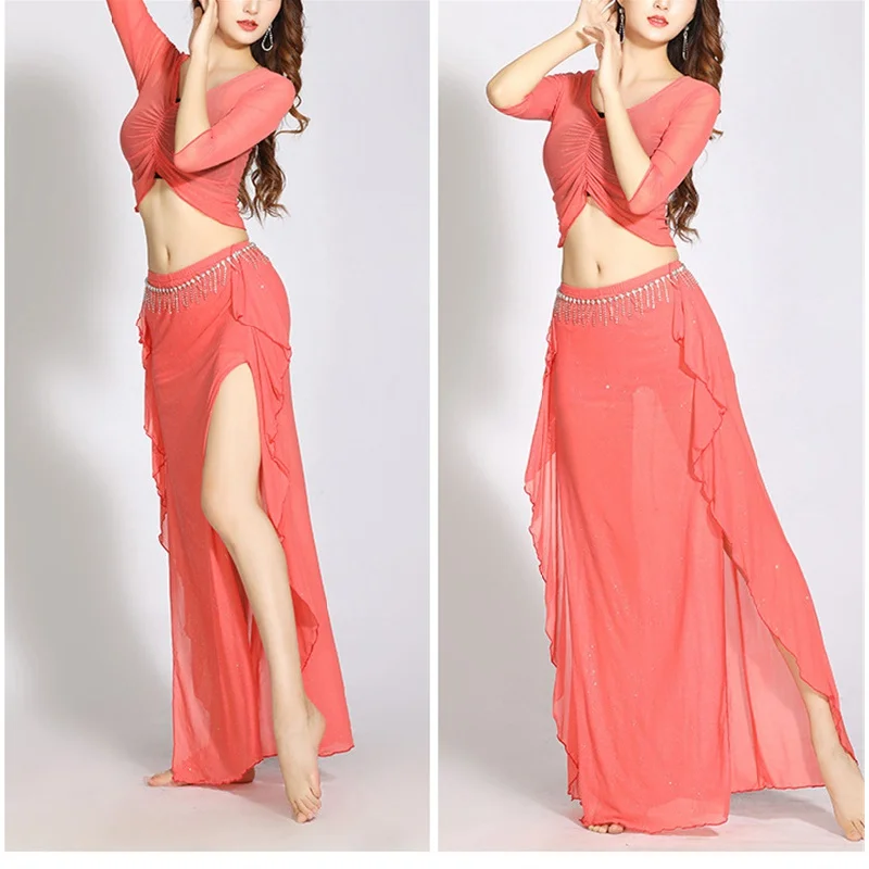 2PCS Women Oriental Belly Dance Lesson Wear Set Top Elegant Shirt Adult Practice Clothes Female Dancing Dancewear Performance