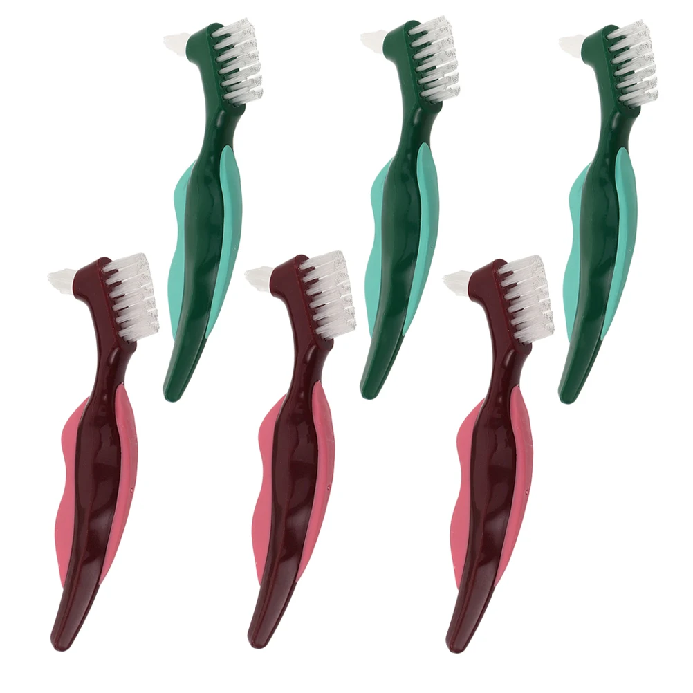 

6Pcs Denture Cleaning Brush Dual Head False Teeth Toothbrush Stiff Bristles Ergonomic Handle for Seniors Portable Travel Gum