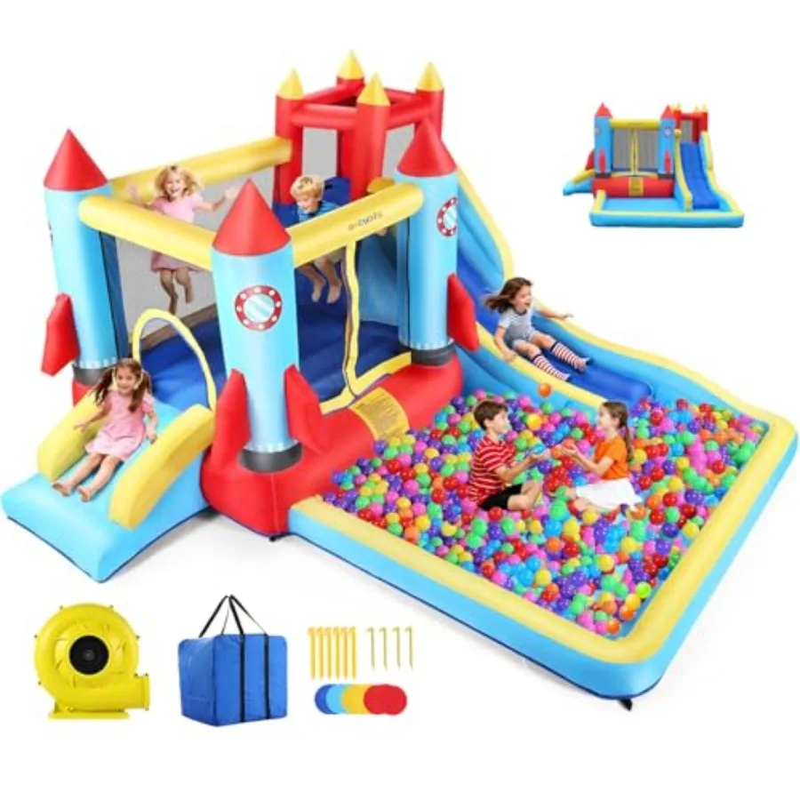 

Inflatable Bounce House for 3-12 Outdoor Indoor Bouncy Castle with 2 Slides Blower Jumping Area Climbing Wall Ball Pit