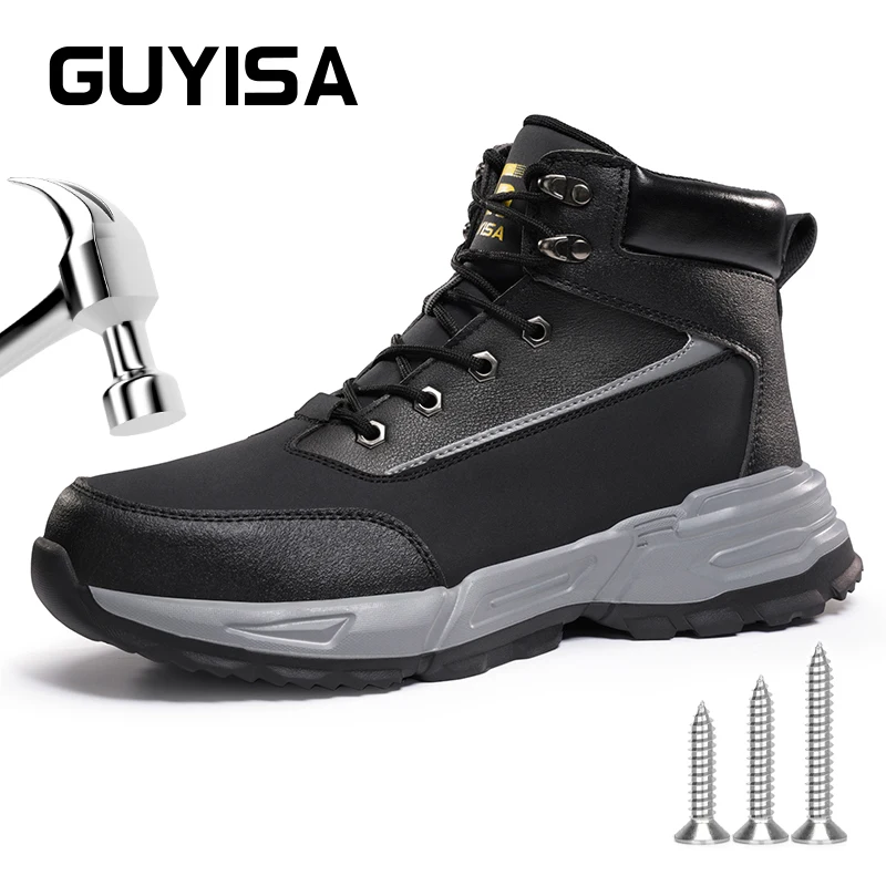 GUYISA Safety shoes High cylinder Anti slip SRC Waterproof Oil proof Steel toe Size 37-45 Black Anti smashing and anti stabbing