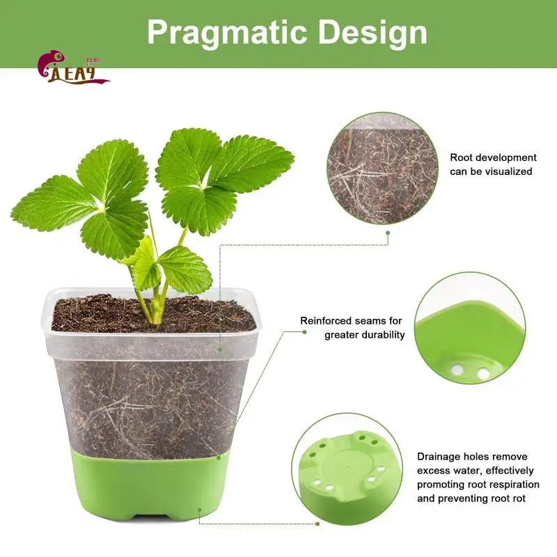 AEA9-24 Pack Square Plastic Nursery Pots, With Soft Silicone Base, Flower Pots With Drainage Holes, Reusable Seedling Pots