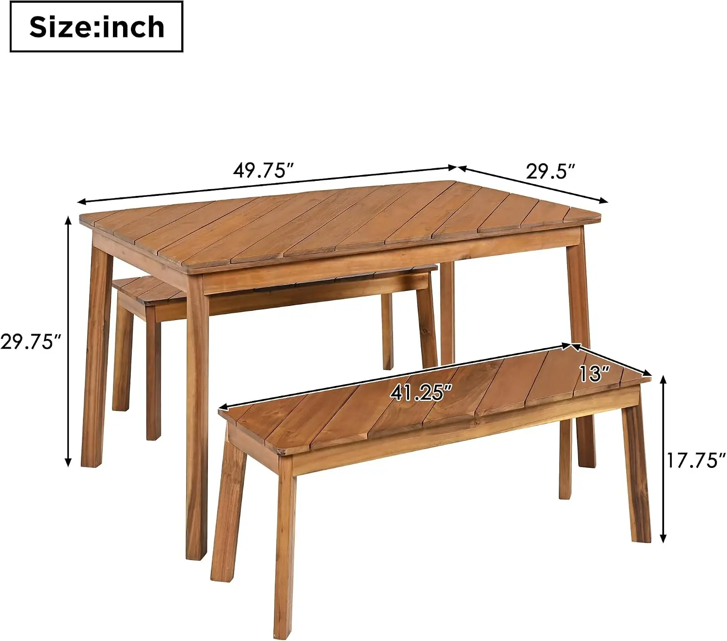 3 Pieces Acacia Wood Table with 2 Benches Dining Set Outdoor Indoor Furniture, Picnic Beer for Patio, Porch, Garden, Poolside -