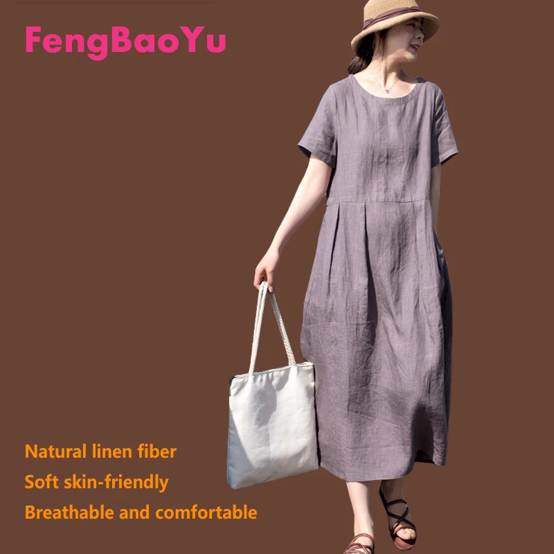 100% Linen Spring Summer Women's Short-sleeved Crew Neck Dress Ginger Temperament Simple Outdoor Casual Comfortable Clothing