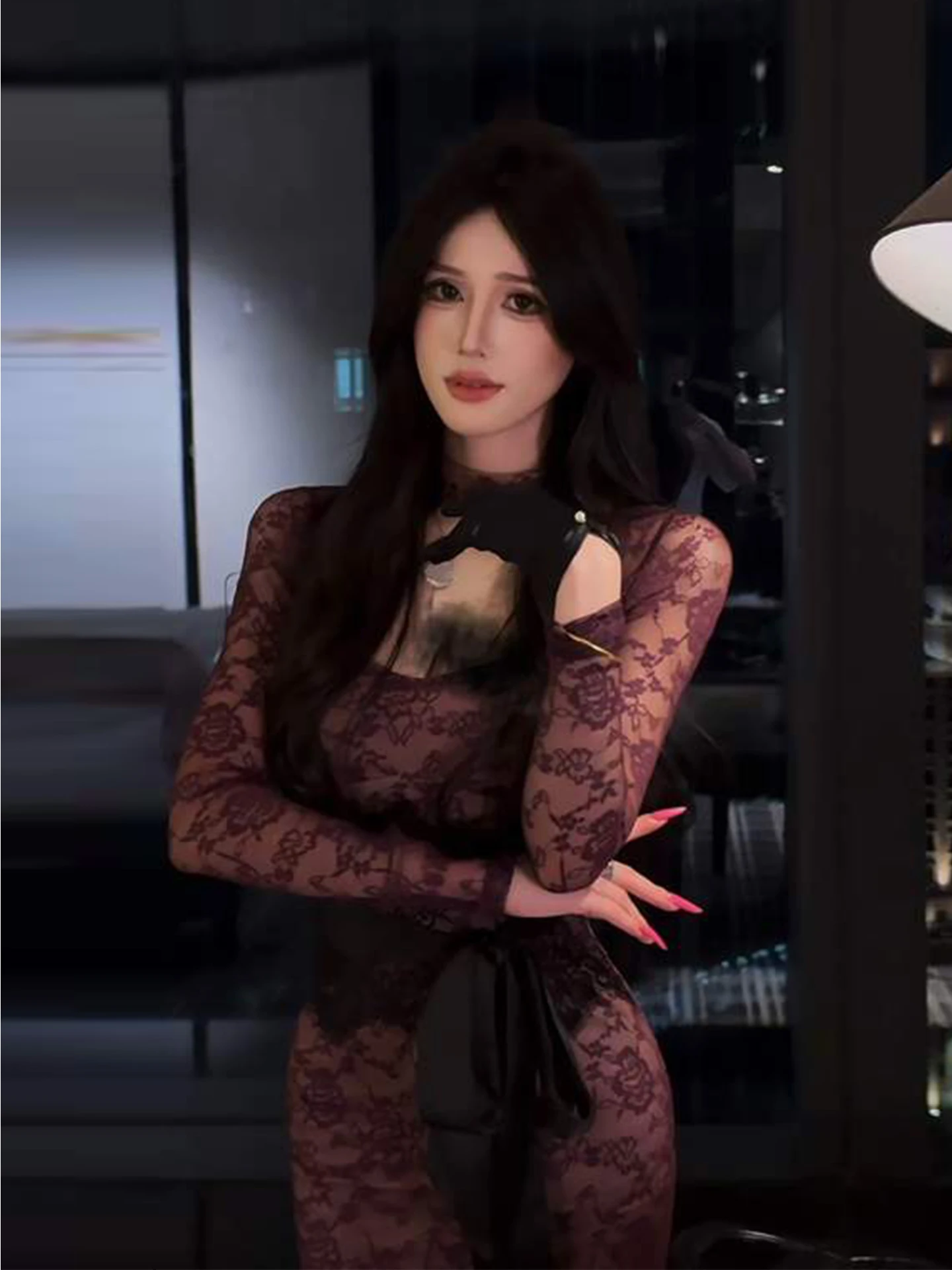 

XZY Pure Desire Sexy Lace Bodycon Dr Women's plus Size Winter Slimming Waist Long Sve Floor Length Polyester Dr