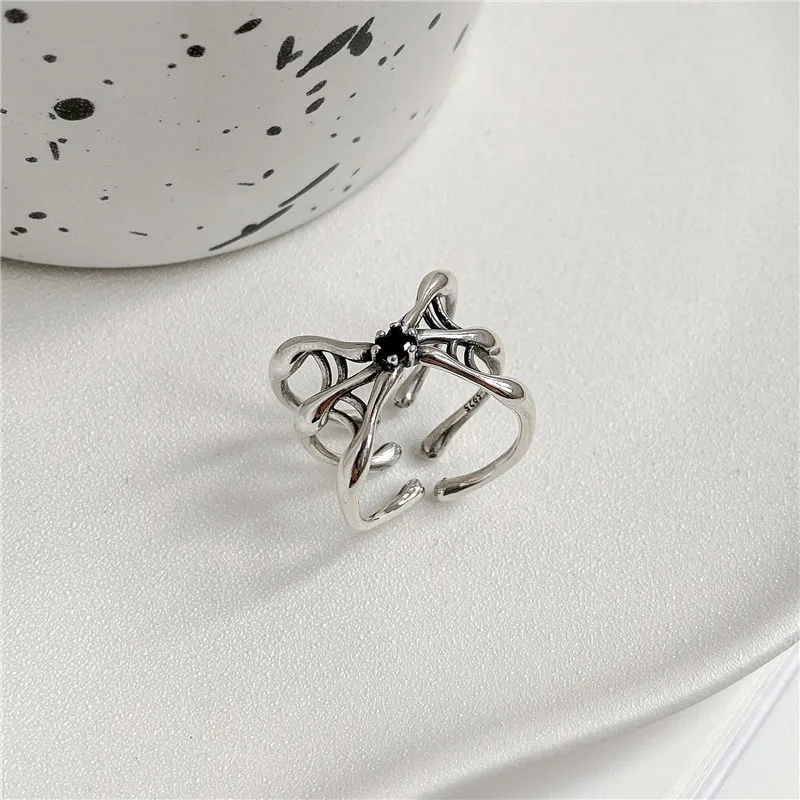 Unique 925 Sterling Silver Spider Rings with Black Zircon Stone for Women