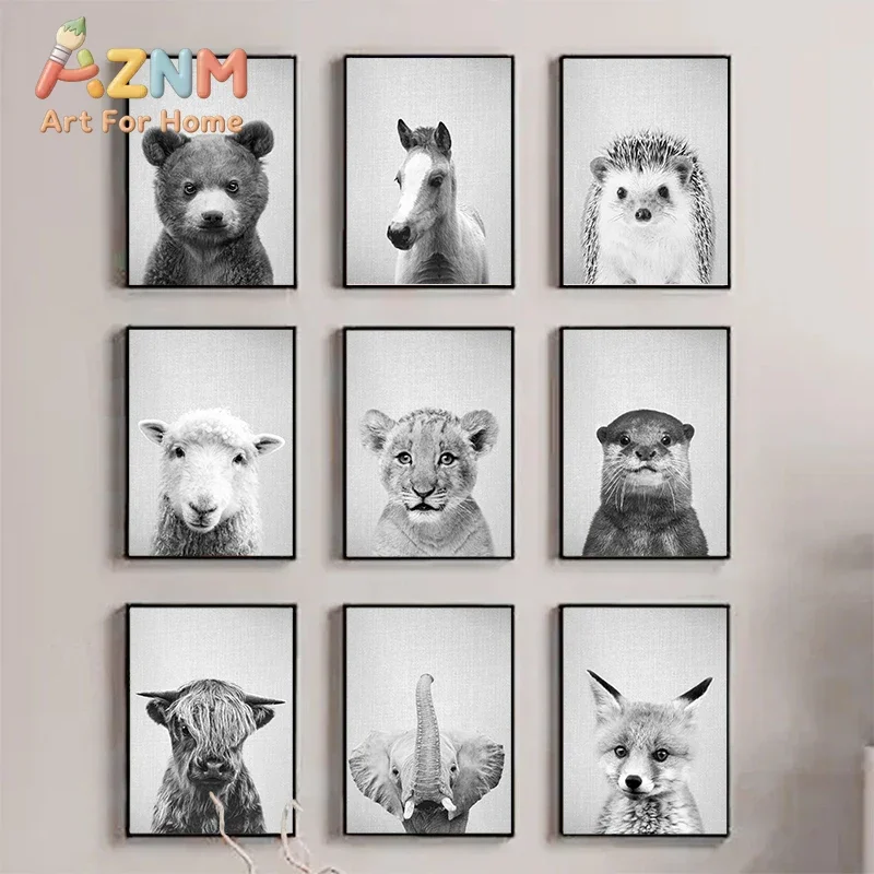 Black and White Animal Canvas Poster Panda Rabbit Fox Bear Otter Wall Art Picture for Living Room Bedroom Modern Home Decor G