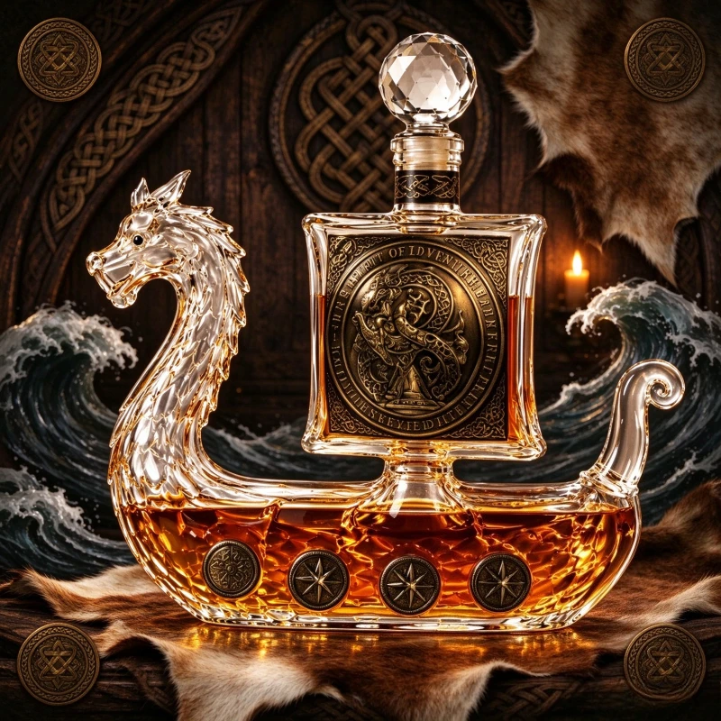 Viking Long Ship Glass Whiskey Decanter, Nordic Dragon Boat Shaped Liquor Bottle, Lead‑Free Glass Decanter for Brandy Bourbon,