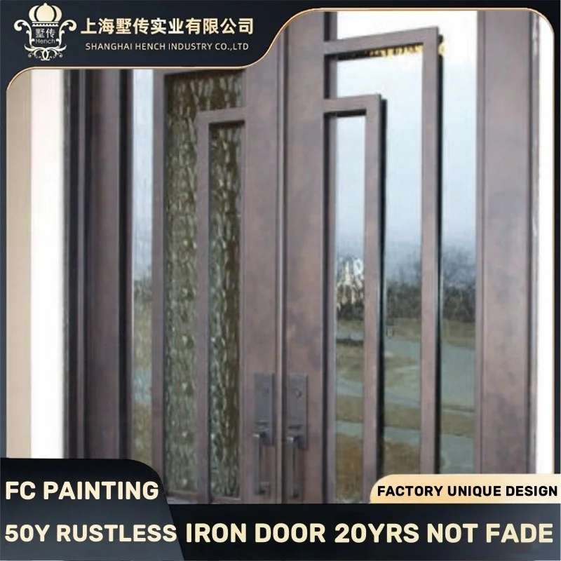 Home Modern Design Solid Steel Entry Door with Sidelites Wrought Iron Exterior Front Open