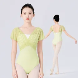Justaucorps de ballet pour femmes, faux deux pièces, en nylon, à manches courtes, plissé, pour la danse et la gymnastique adulte