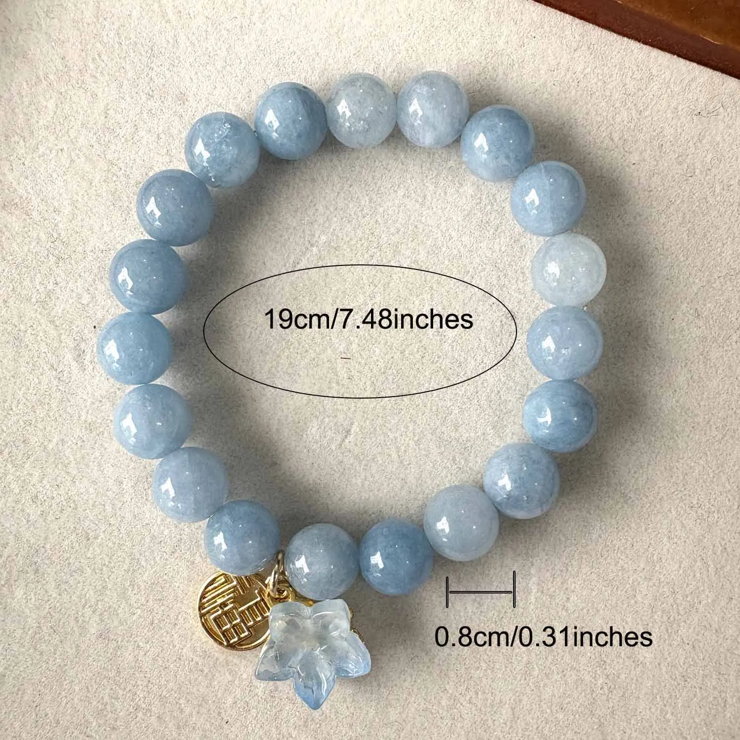Fashion Blue Natural Stone Aquamarine Beaded Bracelet for Women Chinese Fu Charms Flower Bracelets Energy Jewelry