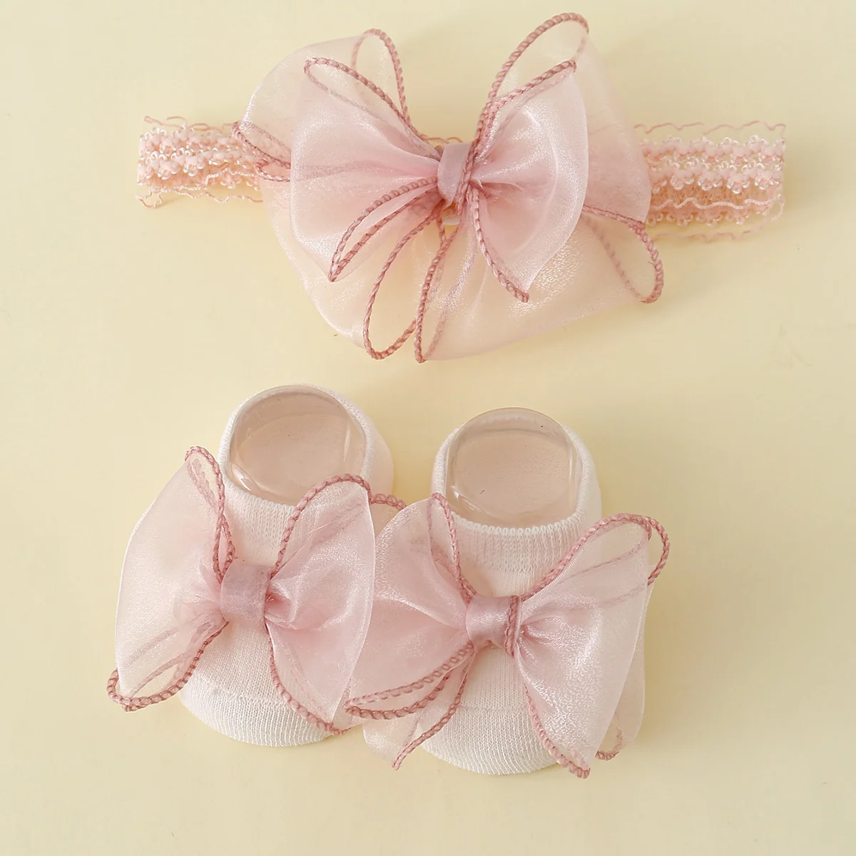 2 Pieces/Set Toddler Lace Bows Elastic Headband and Anti-Slip Cotton Socks,Newborn Baby Girls Socks Hairband Set Infant Headwear