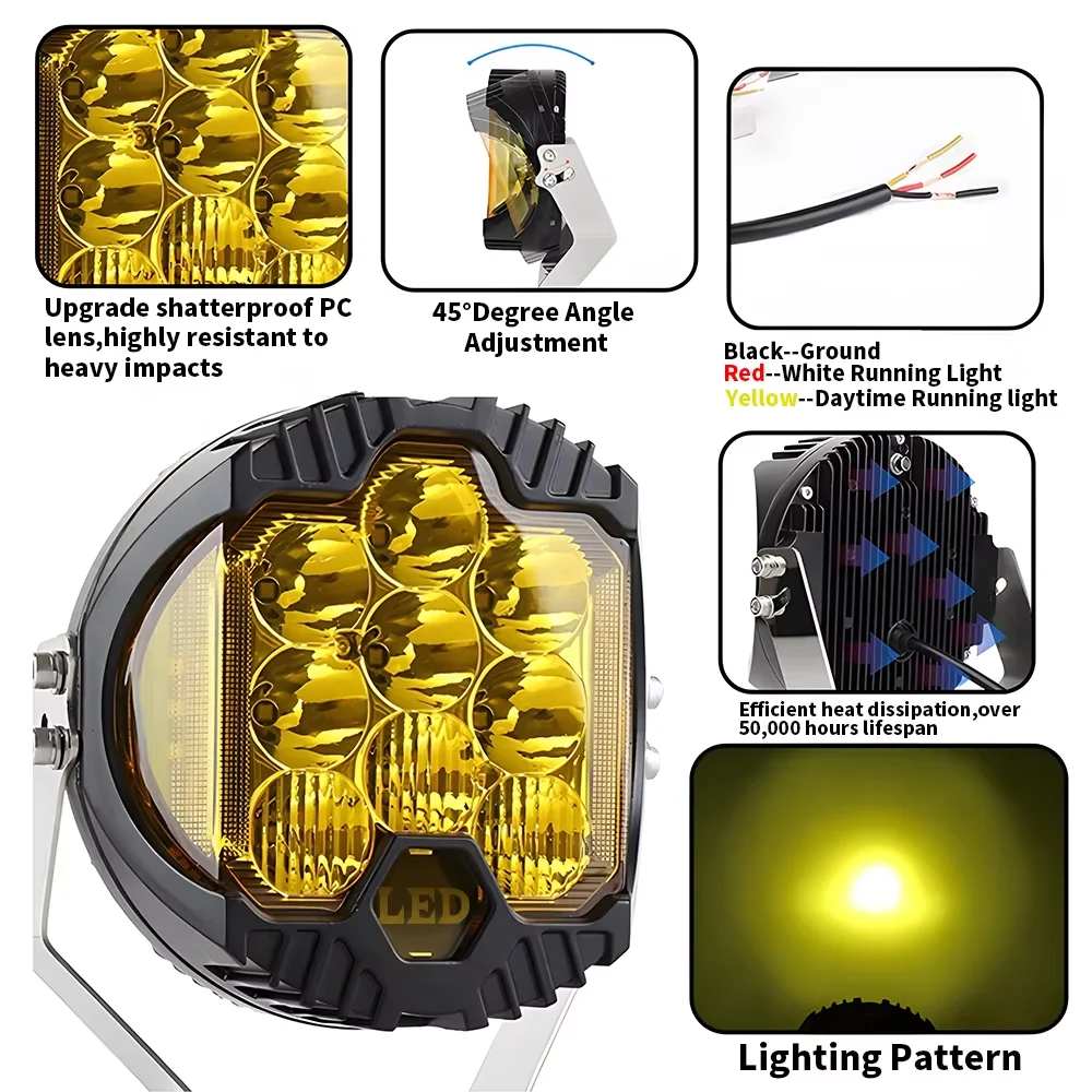 5 7 9 Inch Round Triple LED Work Light Flood Amber Fog Driving Spotlight Fit Truck Jeep SUV 4WD Off Road Auxiliary Lamp