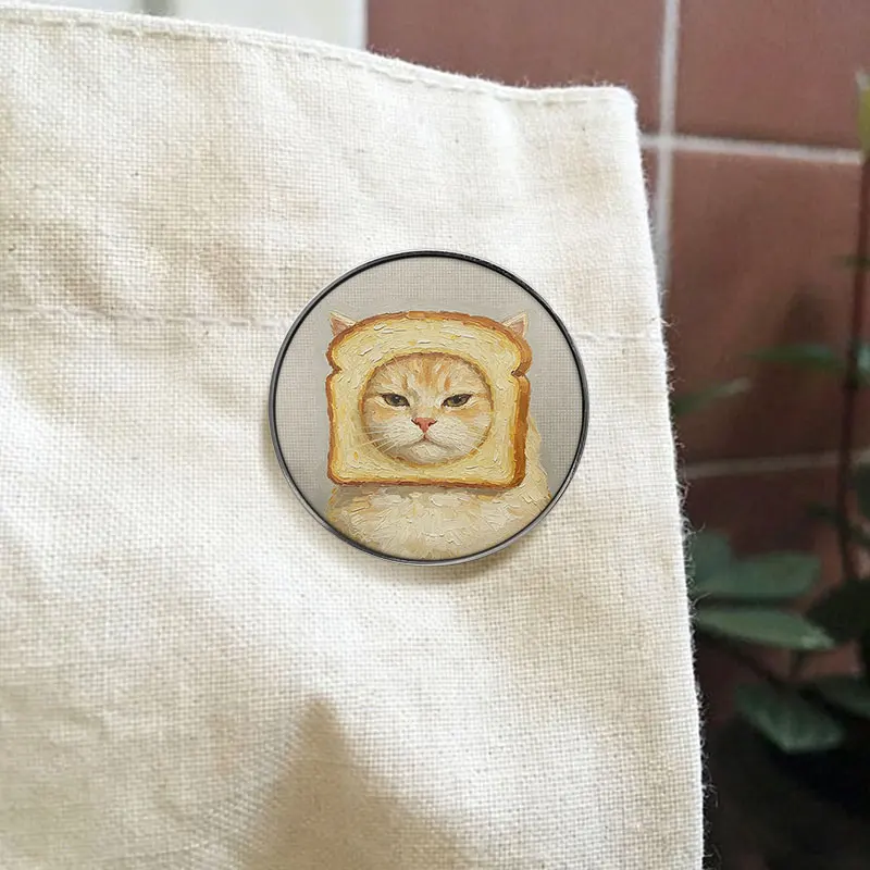 Fun Toast Orange Cat UV Printing Pin Retro Texture Oil Painting Style Brooch Backpack Lapel Badge Jewelry Gift for Friends