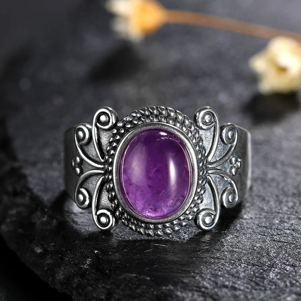 Antique Silver Rings Oval Natural Amethyst Rings For Women Silver Plated Jewelry For Party Wedding Birthday Gift