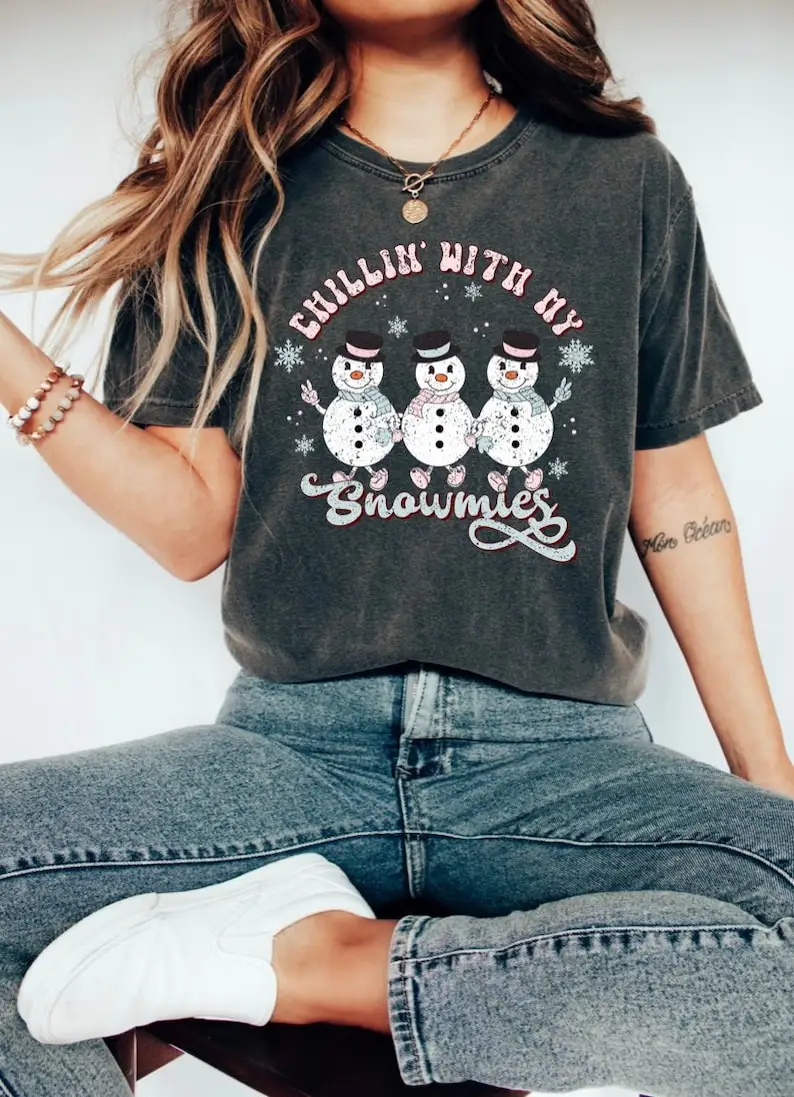 Retro Giáng Sinh Thoải Mái Màu Sắc Áo Sơ Mi, người Tuyết Ngộ Nghĩnh Ngày Lễ Graphic Tee Nữ Xmas Ngắn Tay Tee Cổ Tròn 100% Cotton Y2k