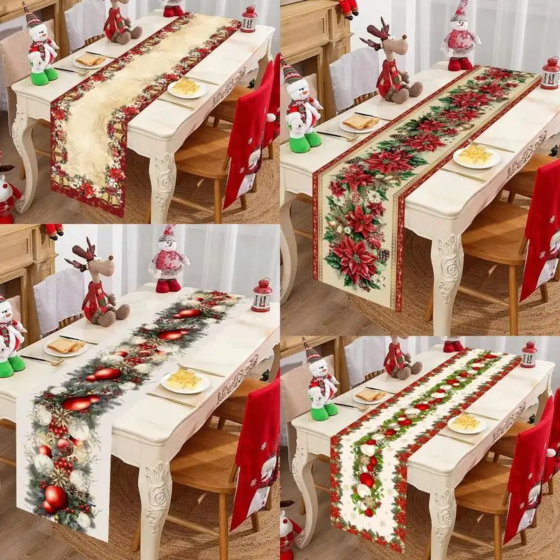 VIKAMA Christmas Table Runner Poinsettia Pine Branch Bauble Berry Xmas Runner Holiday Dining Table Home Decor